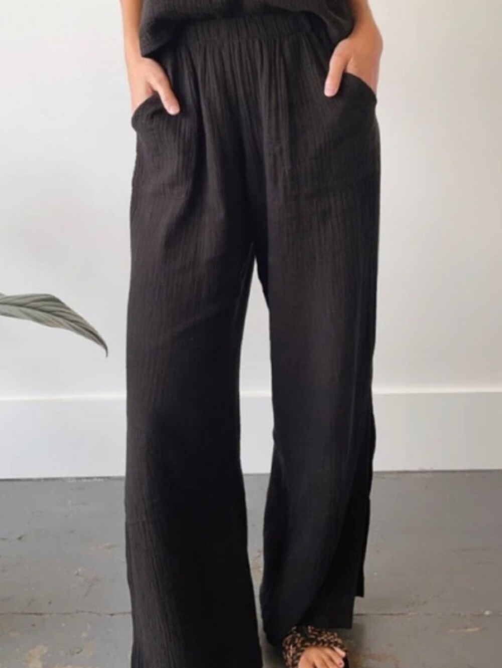 Natalie Busby The Chill Pants Cotton Gauze Black Side Slit Pull On Pants Sz XS